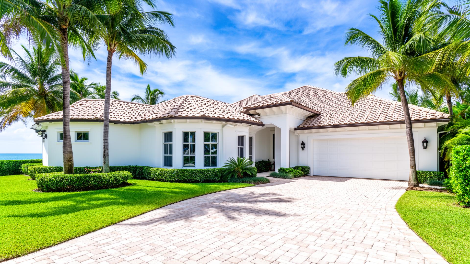 Beautifully clean South Florida home with palm trees and paver driveway
